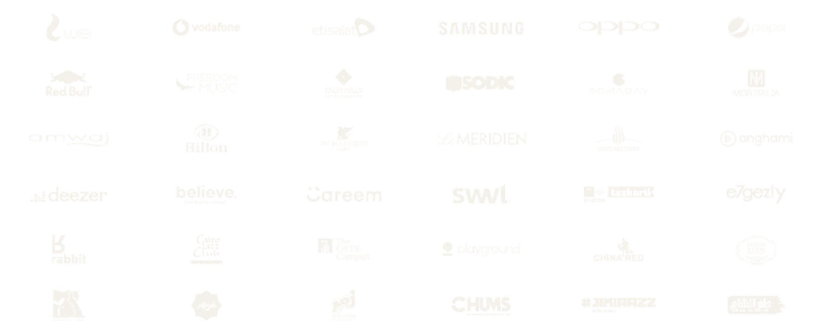 Client logos: WE, Vodafone, Etisalat, Samsung, OPPO, Pepsi, Red Bull, Freedom Music, Palm Hills, SODIC, Somabay, Misr Italia, Amwaj, Hilton, JW Marriott, Le Méridien, Grand Nile Tower, Anghami, Deezer, Believe, Careem, Swvl, Tazkarti, e7gezly, Rabbit, Cairo Jazz Club, The Greek Campus, Playground, Misr El Kheir, Ahl Masr, NRJ, CHUMS